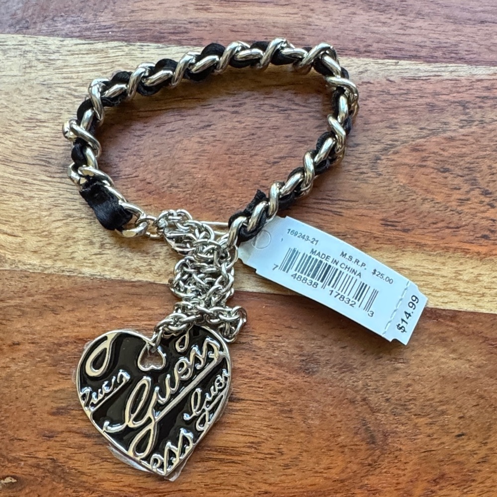 Guess Silver and Black Heart Charm Bracelet